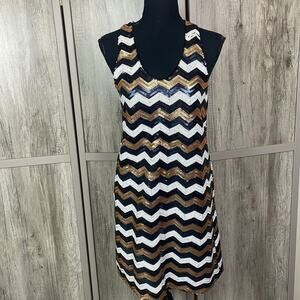 Francesca's Alya black/navy/gold/cream sequins bodycon dress women's L